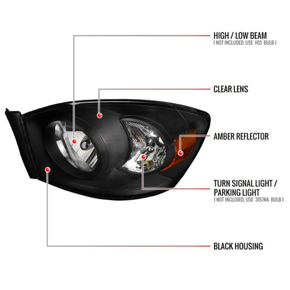 2006-2008 Dodge RAM 1500/ 2006-2009 RAM 2500 3500 Factory Style Crystal Headlights (Matte Black Housing/Clear Lens)