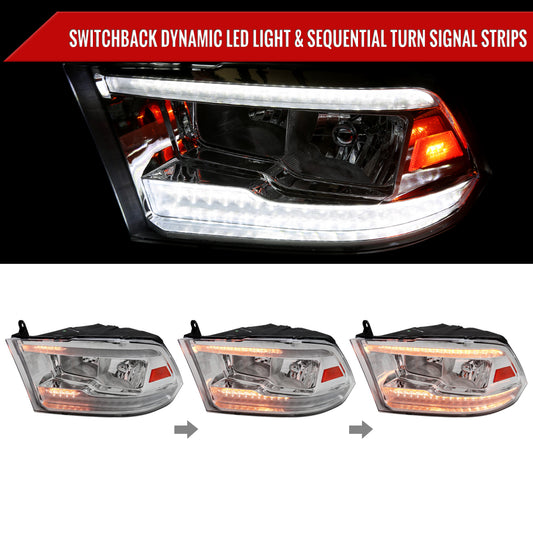 2009-2018 Dodge RAM 1500/2010-2018 RAM 2500 3500 Dual Switchback Sequential LED Bar Factory Style Headlights (Chrome Housing/Clear lens)