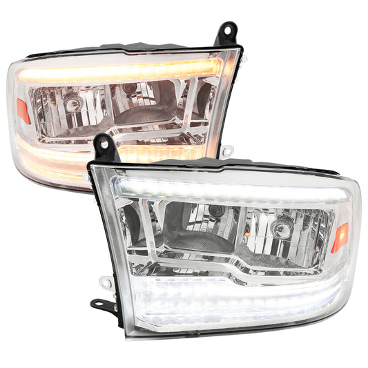 2009-2018 Dodge RAM 1500/2010-2018 RAM 2500 3500 Dual Switchback Sequential LED Bar Factory Style Headlights (Chrome Housing/Clear lens)