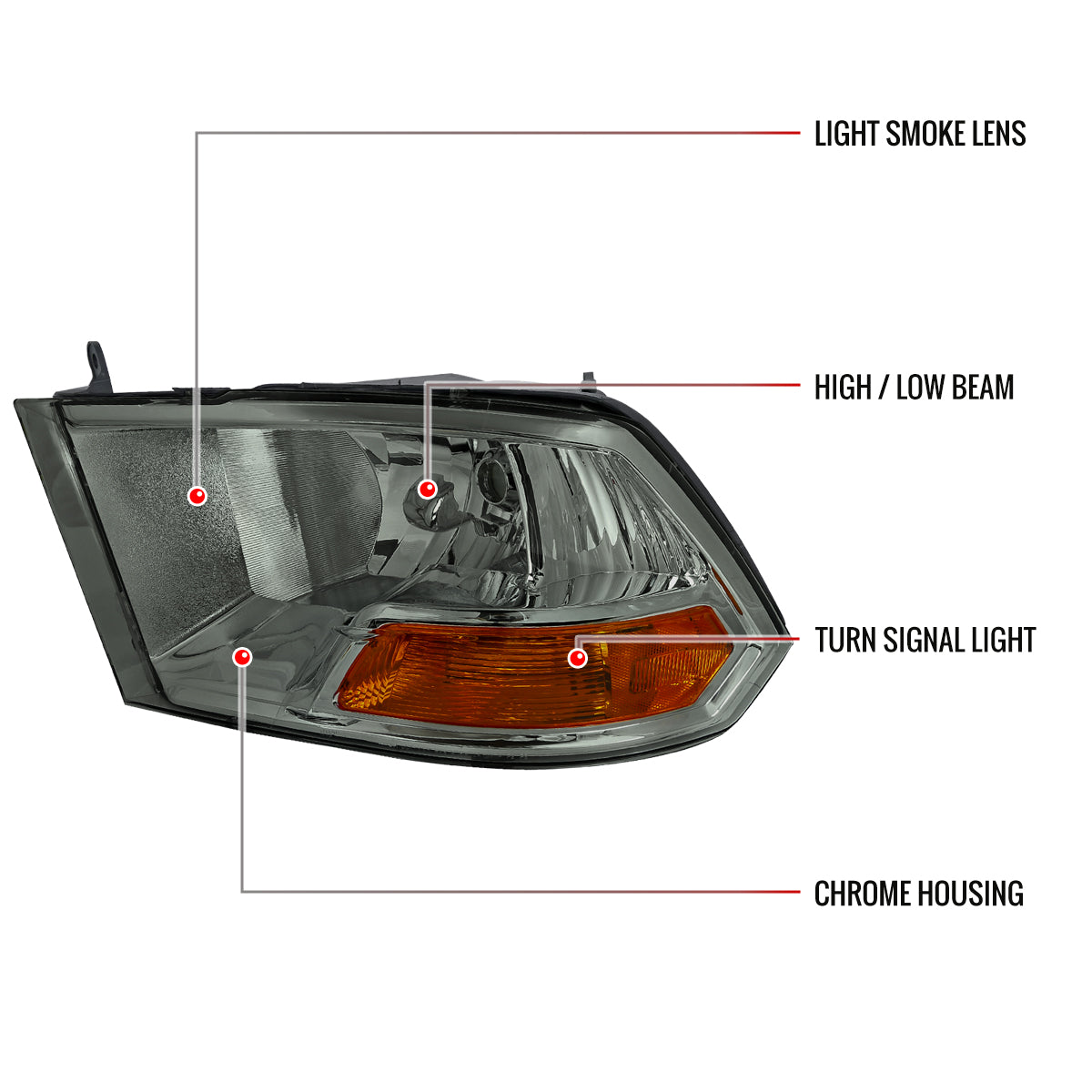 2009-2018 Dodge RAM 1500/ 2019-2023 RAM Classic/ 2010-2018 RAM 2500 3500 Factory Quad Style Headlights (Chrome Housing/Light Smoked Lens)