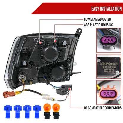 2009-2019 Dodge Ram 1500/ 2010-2019 Dodge Ram 2500/3500 LED Strip Factory Style Headlights (Matte Black Housing/Clear Lens)