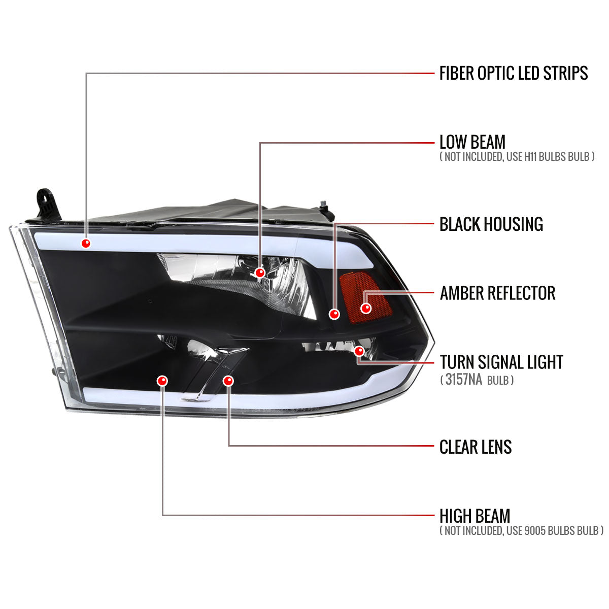2009-2019 Dodge Ram 1500/ 2010-2019 Dodge Ram 2500/3500 LED Strip Factory Style Headlights (Matte Black Housing/Clear Lens)