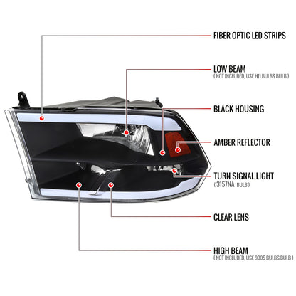 2009-2019 Dodge Ram 1500/ 2010-2019 Dodge Ram 2500/3500 LED Strip Factory Style Headlights (Matte Black Housing/Clear Lens)
