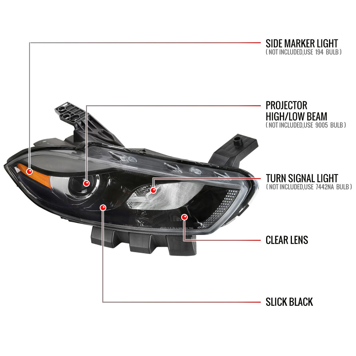 2013-2016 Dodge Dart Factory Style Headlights with Projector High/Low Beam - Passenger Side Only (Jet Black Housing/Clear Lens)