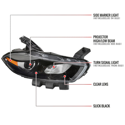 2013-2016 Dodge Dart Factory Style Headlights with Projector High/Low Beam - Passenger Side Only (Jet Black Housing/Clear Lens)