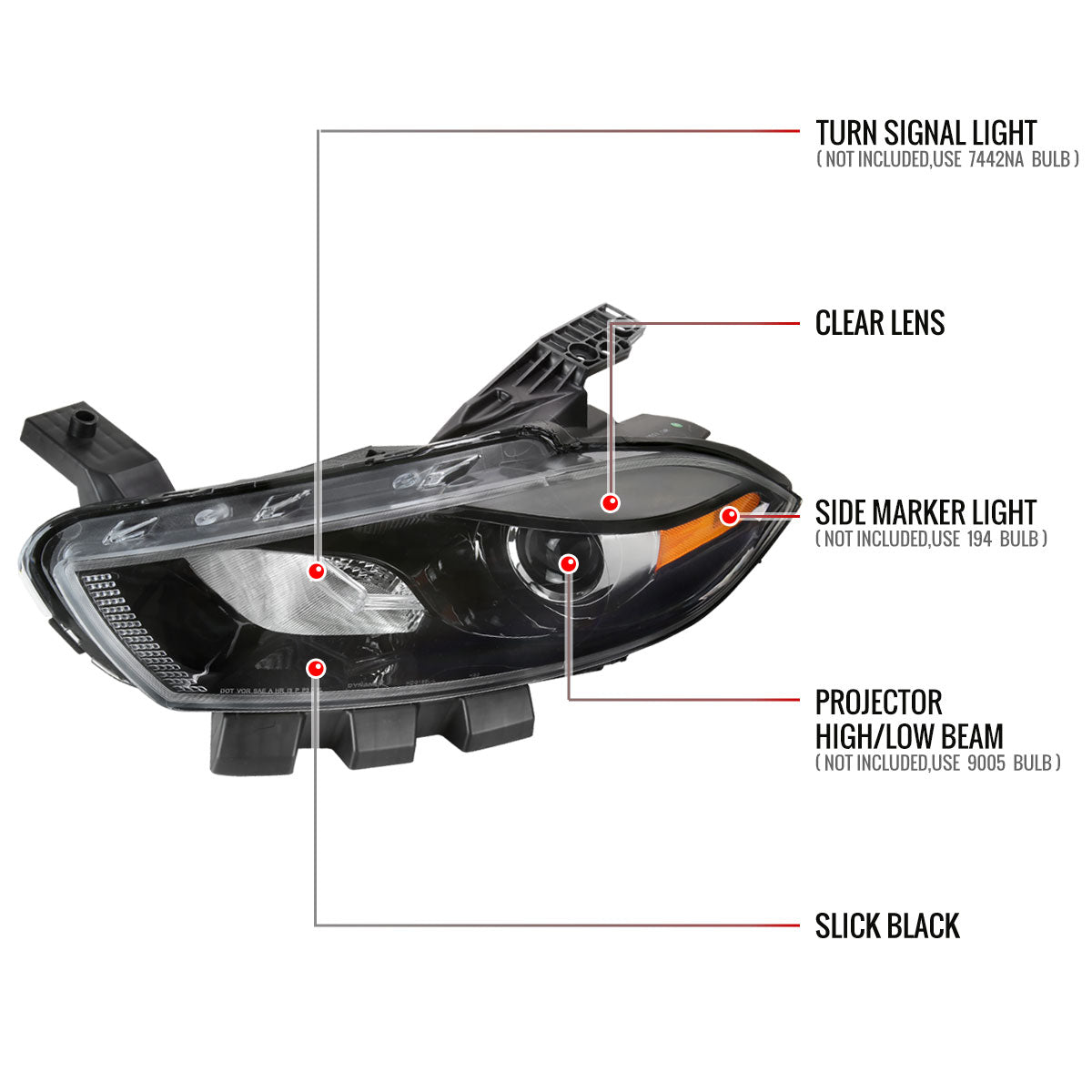 2013-2016 Dodge Dart Factory Style Headlights with Projector High/Low Beam (Jet Black Housing/Clear Lens)