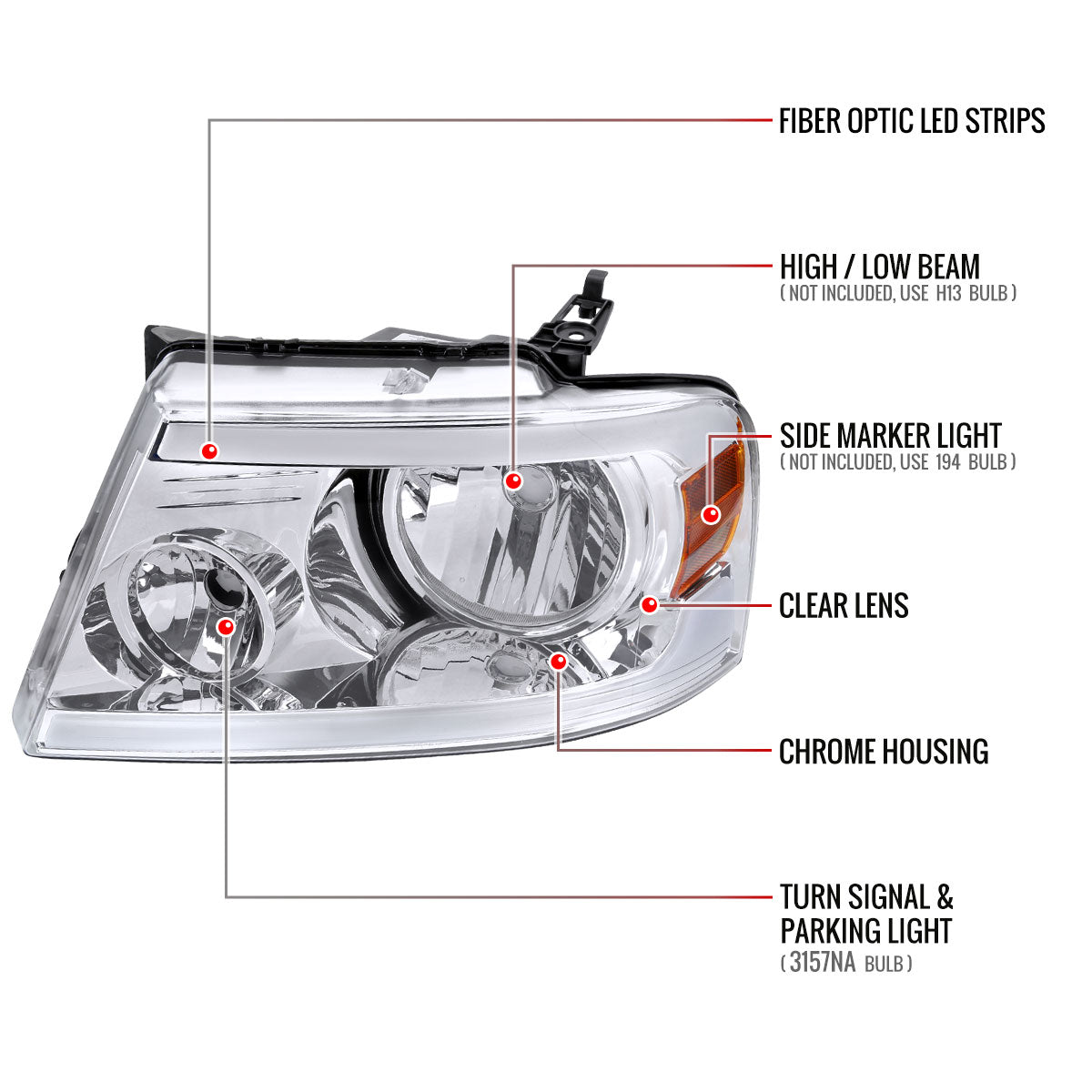 2004-2008 Ford F-150/ 2006-2008 Lincoln Mark LT LED Strip Factory Style Headlights (Chrome Housing/Clear Lens)