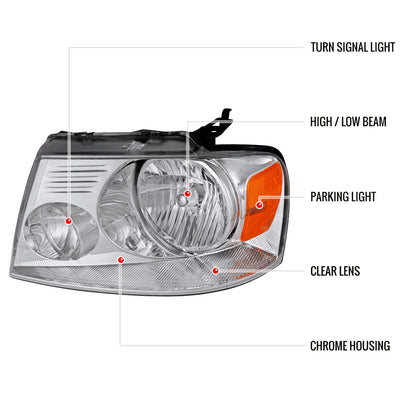 2004-2008 Ford F-150/ 2006-2008 Lincoln Mark LT Replacement Crystal Headlights w/ Amber Reflector (Chrome Housing/Clear Lens)