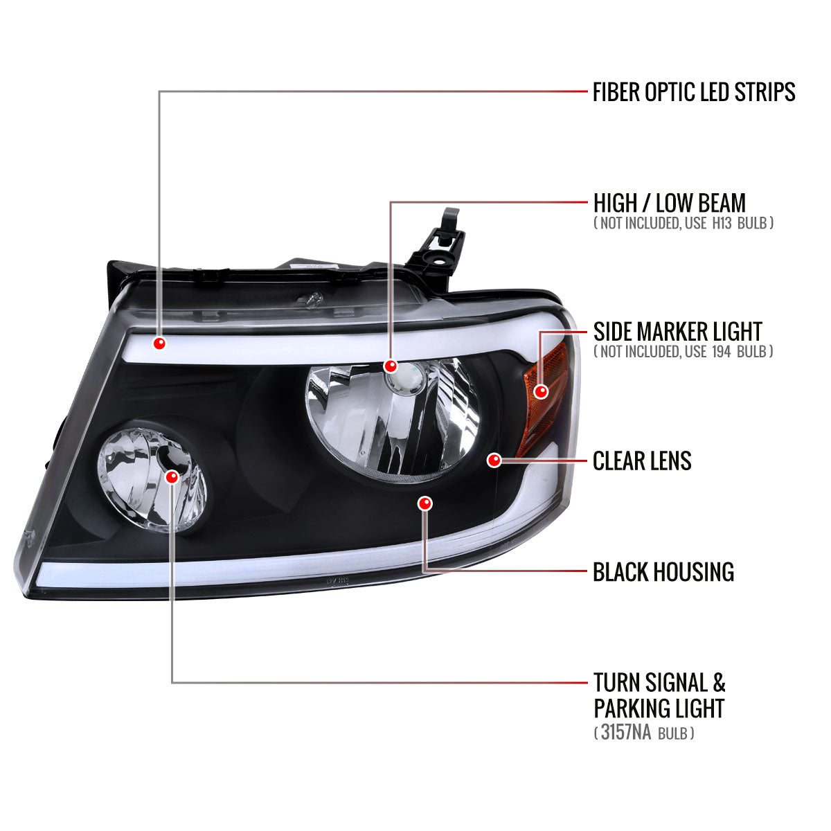 2004-2008 Ford F-150/ 2006-2008 Lincoln Mark LT LED Strip Factory Style Headlights (Matte Black Housing/Clear Lens)