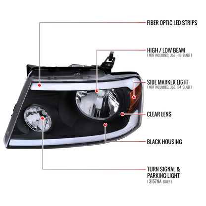 2004-2008 Ford F-150/ 2006-2008 Lincoln Mark LT LED Strip Factory Style Headlights (Matte Black Housing/Clear Lens)