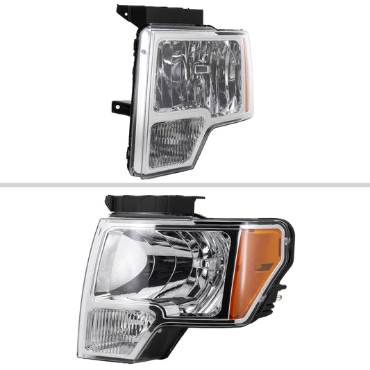 2009-2014 Ford F-150 Factory Style Crystal Headlights w/ Amber Reflector (Chrome Housing/Clear Lens)