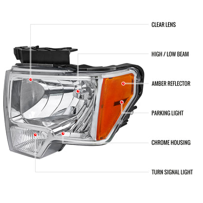 2009-2014 Ford F-150 Factory Style Crystal Headlights w/ Amber Reflector (Chrome Housing/Clear Lens)