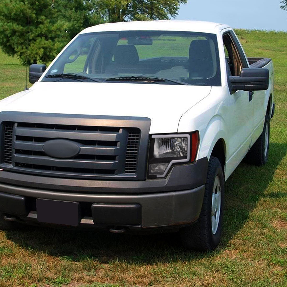 2009-2014 Ford F-150 LED Bar Factory Style Headlights with Amber Reflectors (Matte Black Housing/Clear Lens)