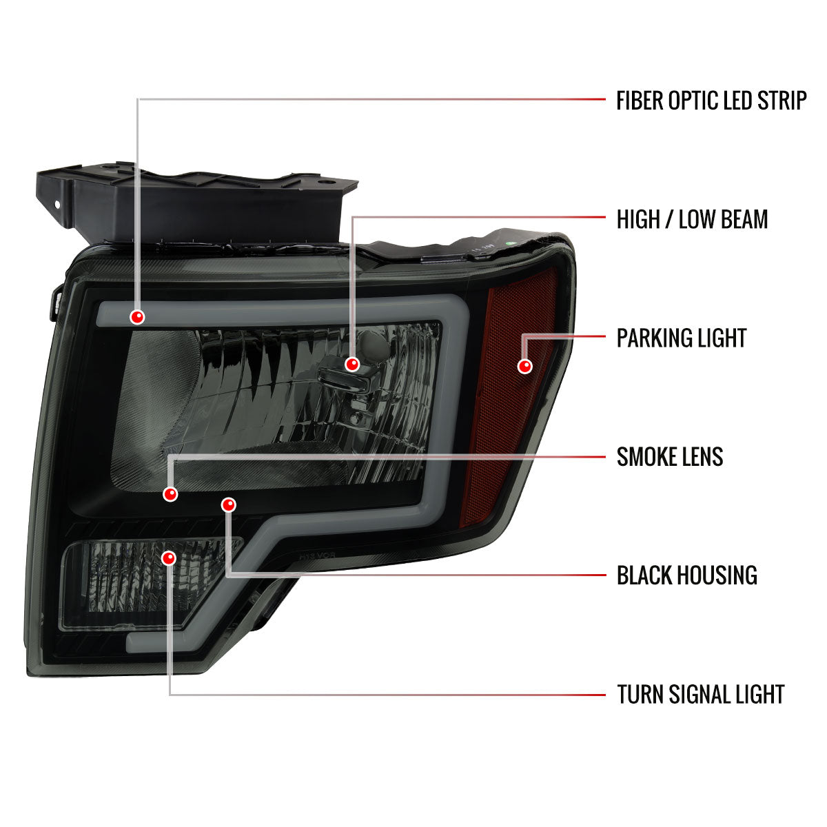 2009-2014 Ford F-150 LED Bar Factory Style Headlights with Amber Reflectors (Black Housing/Smoked Lens)