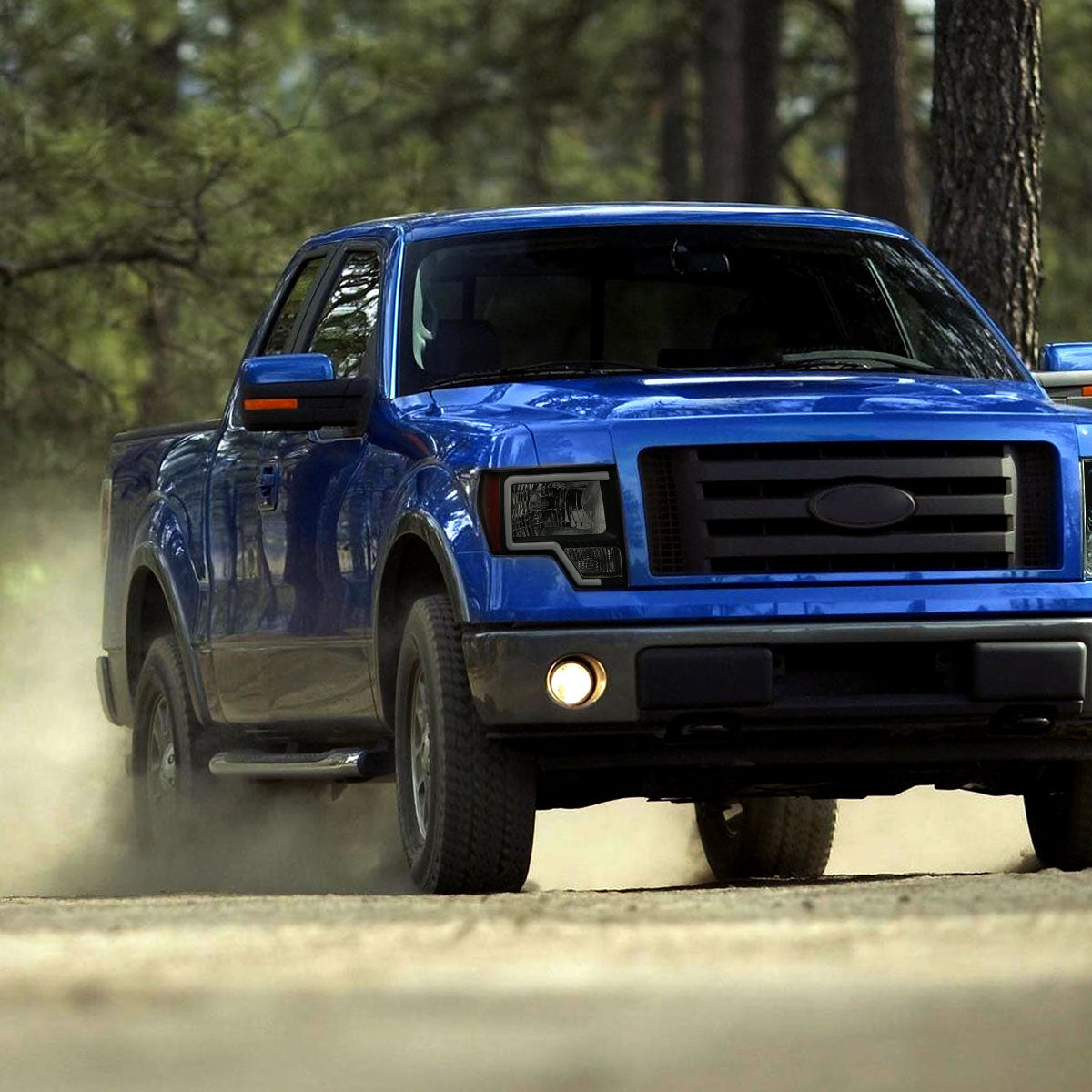 2009-2014 Ford F-150 LED Bar Factory Style Headlights with Amber Reflectors (Black Housing/Smoked Lens)