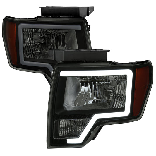 2009-2014 Ford F-150 LED Bar Factory Style Headlights with Amber Reflectors (Black Housing/Smoked Lens)