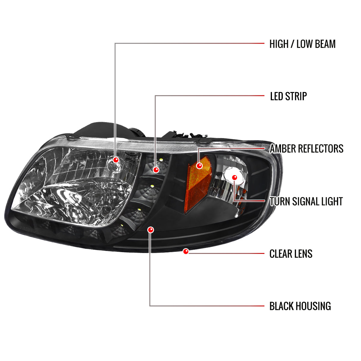 1997-2004 Ford F-150/Expedition Factory Style Crystal Headlights w/ SMD LED Light Strip (Matte Black Housing/Clear Lens)