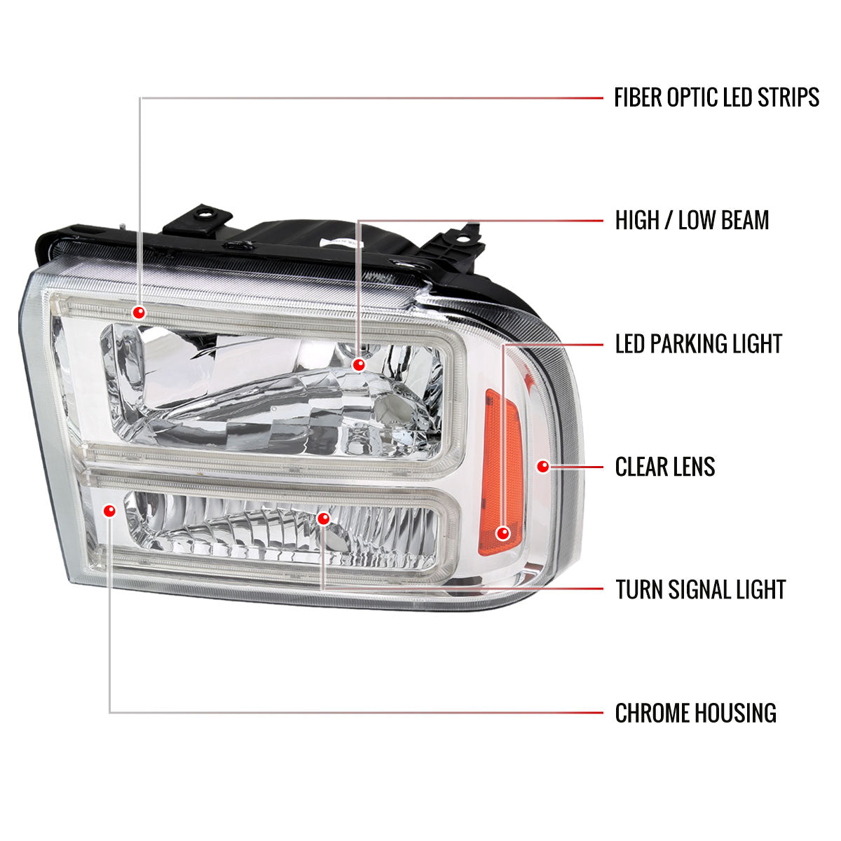 2005-2007 Ford F-250/F-350/F-450/F-550 Super Duty Dual LED C-Bar Factory Style Headlights (Chrome Housing/Clear Lens)