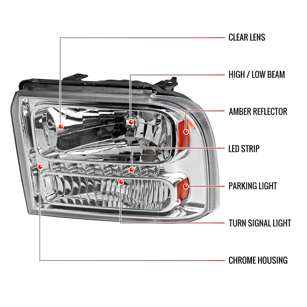 2005-2007 Ford F-250/F-350/F-450/F-550/Excursion Crystal Headlights w/ SMD LED Light Strip (Chrome Housing/Clear Lens)