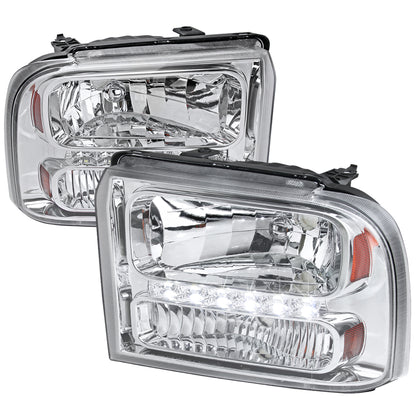 2005-2007 Ford F-250/F-350/F-450/F-550/Excursion Crystal Headlights w/ SMD LED Light Strip (Chrome Housing/Clear Lens)