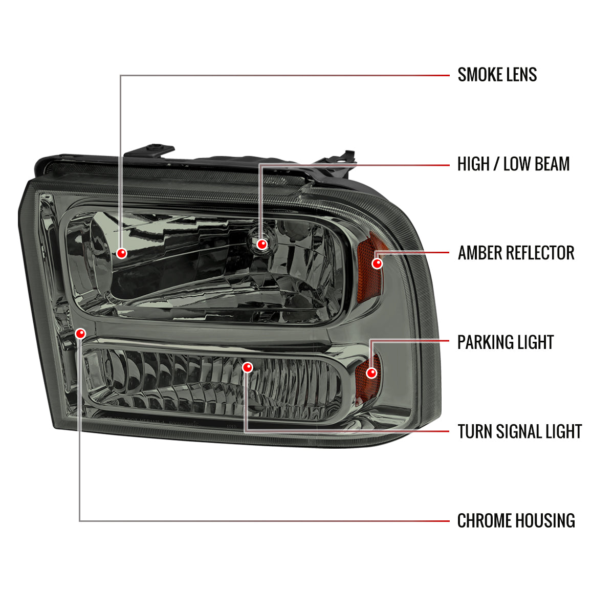 2005-2007 Ford F-250/F-350/F-450/F-550/Excursion Crystal Headlights (Chrome Housing/Somke Lens)