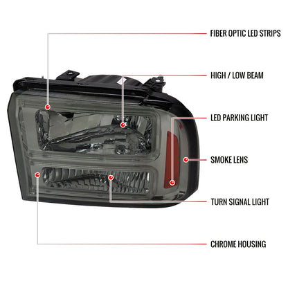 2005-2007 Ford F-250/F-350/F-450/F-550 Super Duty Dual LED C-Bar Factory Style Headlights (Chrome Housing/Smoked Lens)