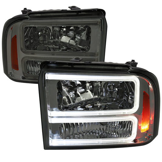 2005-2007 Ford F-250/F-350/F-450/F-550 Super Duty Dual LED C-Bar Factory Style Headlights (Chrome Housing/Smoked Lens)