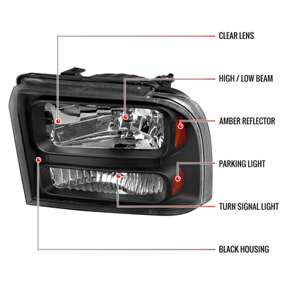 2005-2007 Ford F-250/F-350/F-450/F-550/Excursion Crystal Headlights (Matte Black Housing/Clear Lens)
