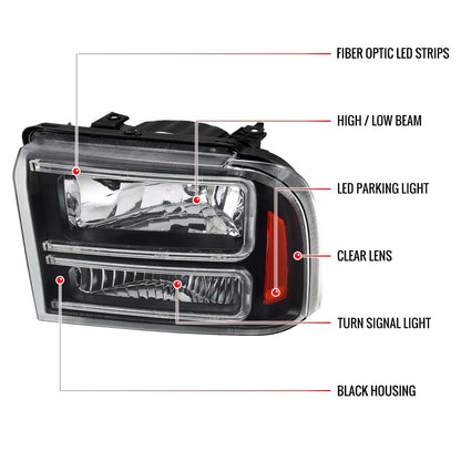 2005-2007 Ford F-250/F-350/F-450/F-550 Super Duty Dual LED C-Bar Factory Style Headlights (Matte Black Housing/Clear Lens)
