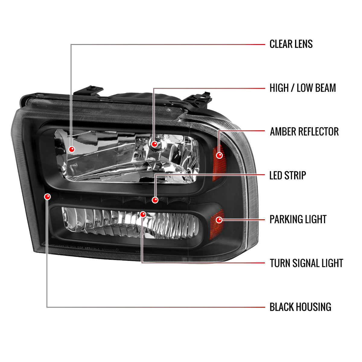 2005-2007 Ford F-250/F-350/F-450/F-550/Excursion Crystal Headlights w/ SMD LED Light Strip (Matte Black Housing/Clear Lens)