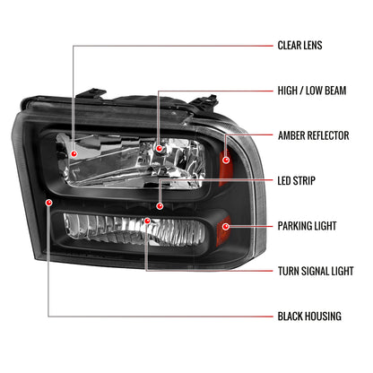2005-2007 Ford F-250/F-350/F-450/F-550/Excursion Crystal Headlights w/ SMD LED Light Strip (Matte Black Housing/Clear Lens)