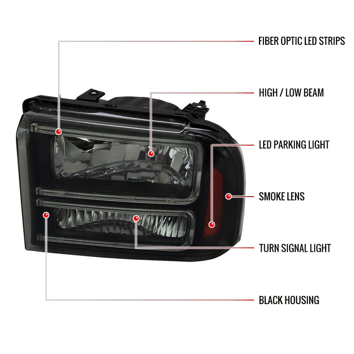 2005-2007 Ford F-250/F-350/F-450/F-550 Super Duty Dual LED C-Bar Factory Style Headlights (Matte Black Housing/Smoked Lens)