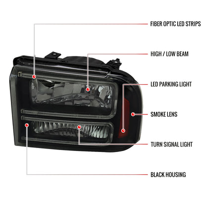 2005-2007 Ford F-250/F-350/F-450/F-550 Super Duty Dual LED C-Bar Factory Style Headlights (Matte Black Housing/Smoked Lens)