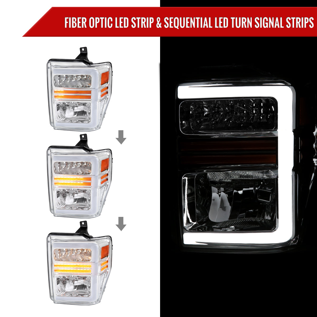 2008-2010 Ford F-250/F-350/F-450/F-550 Super Duty LED Sequential Signal Factory Style Headlights (Chrome Housing/Clear Lens)