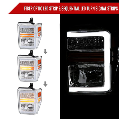 2008-2010 Ford F-250/F-350/F-450/F-550 Super Duty LED Sequential Signal Factory Style Headlights (Chrome Housing/Clear Lens)