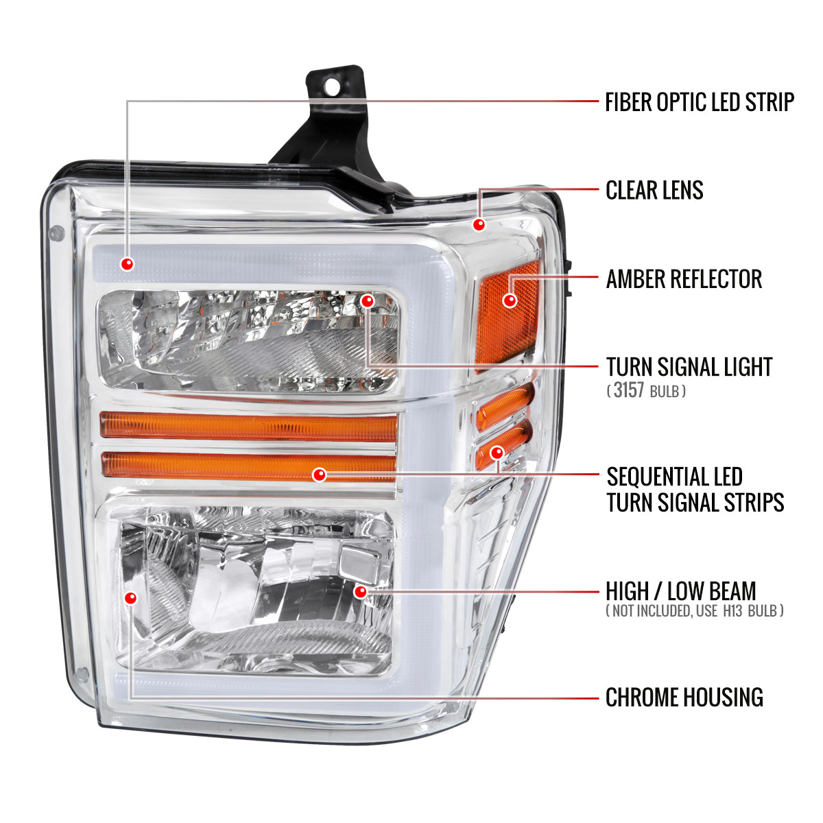 2008-2010 Ford F-250/F-350/F-450/F-550 Super Duty LED Sequential Signal Factory Style Headlights (Chrome Housing/Clear Lens)