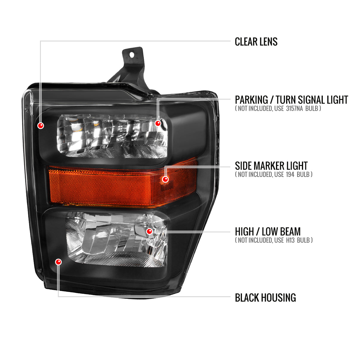 2008-2010 Ford F-250/F-350/F-450 Super Duty Factory Style Headlights w/ Amber Reflectors (Matte Black Housing/Clear Lens)