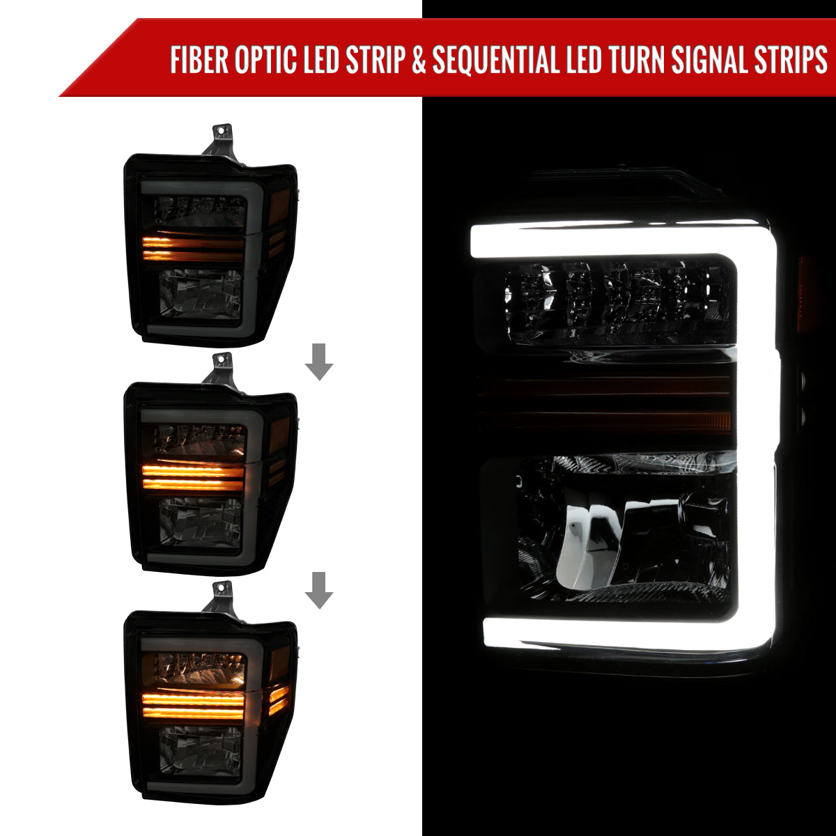 2008-2010 Ford F-250/F-350/F-450/F-550 Super Duty LED Sequential Signal Factory Style Headlights (Matte Black Housing/Smoked Lens)