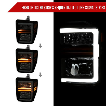 2008-2010 Ford F-250/F-350/F-450/F-550 Super Duty LED Sequential Signal Factory Style Headlights (Matte Black Housing/Smoked Lens)