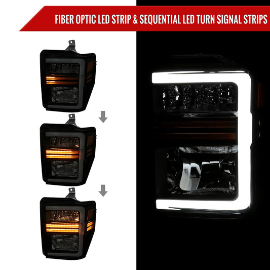 2008-2010 Ford F-250/F-350/F-450/F-550 Super Duty LED Sequential Signal Factory Style Headlights (Matte Black Housing/Smoked Lens)