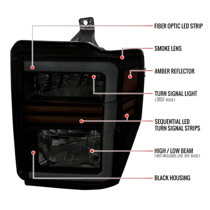 2008-2010 Ford F-250/F-350/F-450/F-550 Super Duty LED Sequential Signal Factory Style Headlights (Matte Black Housing/Smoked Lens)