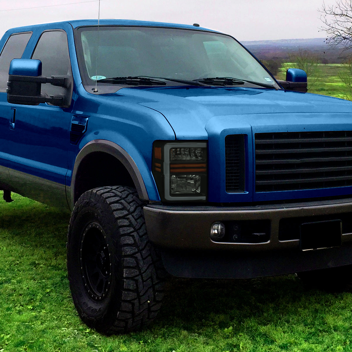2008-2010 Ford F-250/F-350/F-450/F-550 Super Duty LED Sequential Signal Factory Style Headlights (Matte Black Housing/Smoked Lens)