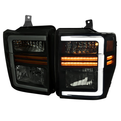 2008-2010 Ford F-250/F-350/F-450/F-550 Super Duty LED Sequential Signal Factory Style Headlights (Matte Black Housing/Smoked Lens)
