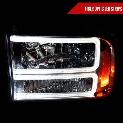 1999-2004 Ford F-250/F-350/F-450/F-550/2000-2004 Excursion Euro Factory Style Headlights with Dual LED C-Bar  (Chrome Housing/Clear Lens)