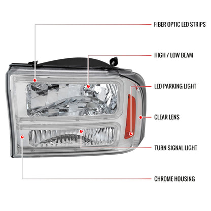 1999-2004 Ford F-250/F-350/F-450/F-550/2000-2004 Excursion Euro Factory Style Headlights with Dual LED C-Bar  (Chrome Housing/Clear Lens)