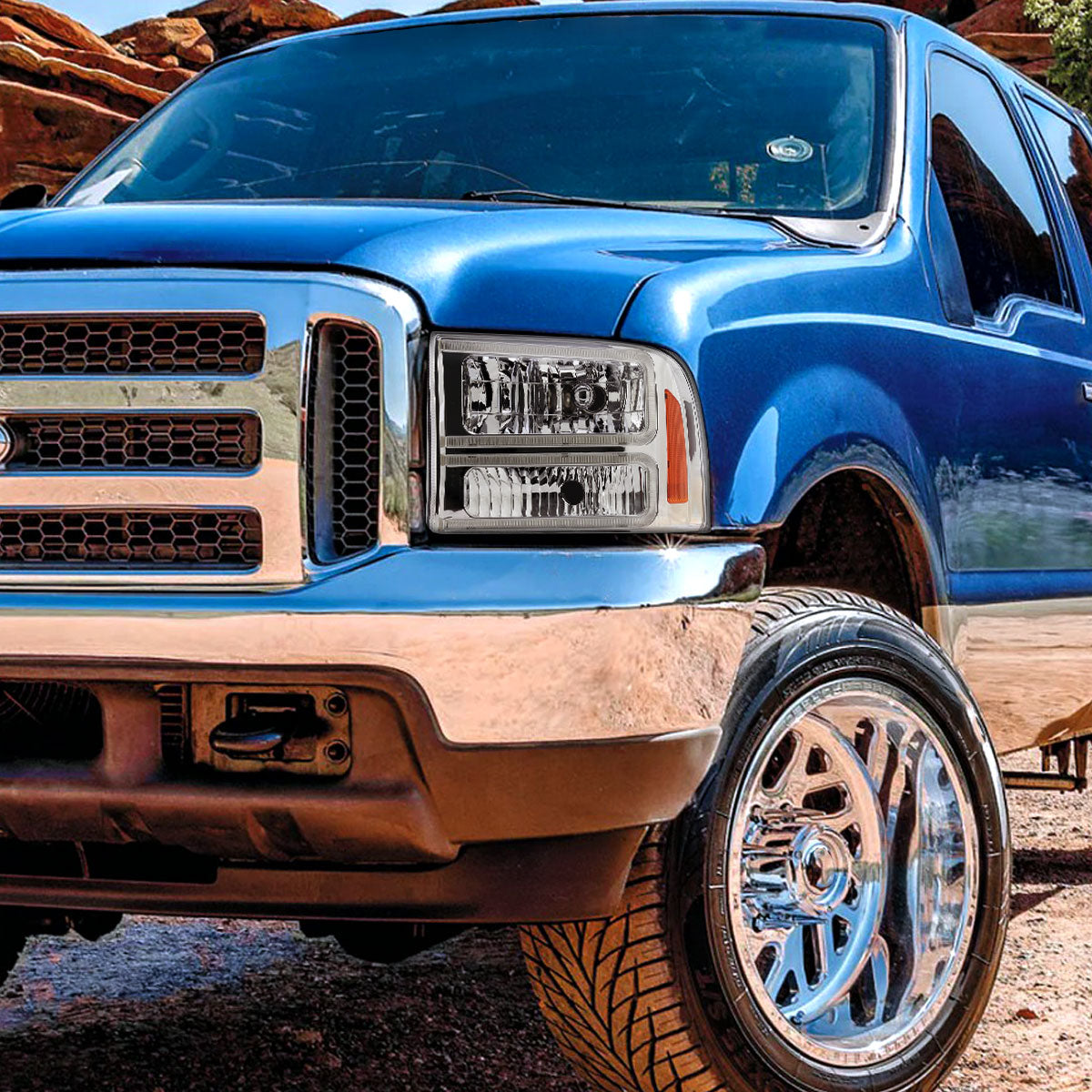 1999-2004 Ford F-250/F-350/F-450/F-550/2000-2004 Excursion Euro Factory Style Headlights with Dual LED C-Bar  (Chrome Housing/Clear Lens)
