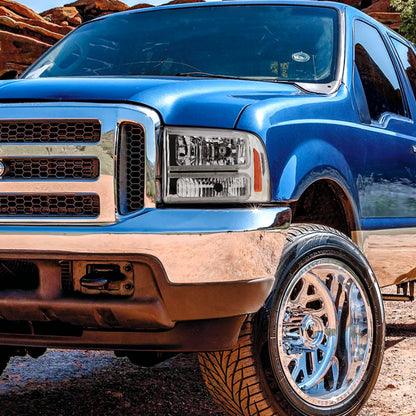 1999-2004 Ford F-250/F-350/F-450/F-550/2000-2004 Excursion Euro Factory Style Headlights with Dual LED C-Bar  (Chrome Housing/Clear Lens)