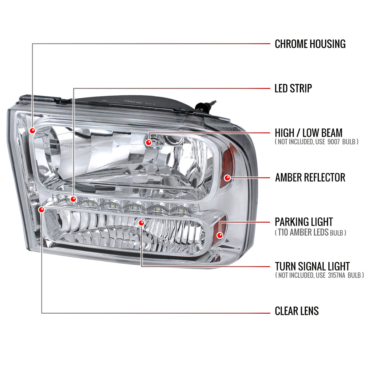 1999-2004 Ford F-250/F-350/F-450/F-550/Excursion Crystal Headlights w/ SMD LED Light Strip (Chrome Housing/Clear Lens)