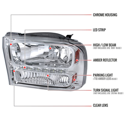 1999-2004 Ford F-250/F-350/F-450/F-550/Excursion Crystal Headlights w/ SMD LED Light Strip (Chrome Housing/Clear Lens)