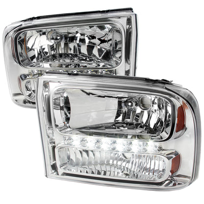 1999-2004 Ford F-250/F-350/F-450/F-550/Excursion Crystal Headlights w/ SMD LED Light Strip (Chrome Housing/Clear Lens)